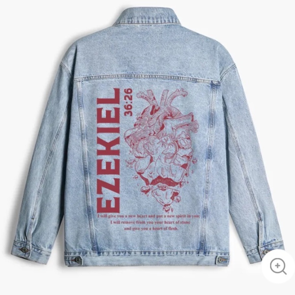 NWT‎ I Will Give You A New Heart And Put A New Spirit Light Blue Denim Jacket L